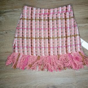 Aura Pink and Brown Plaid Mini Skirt with Fringe